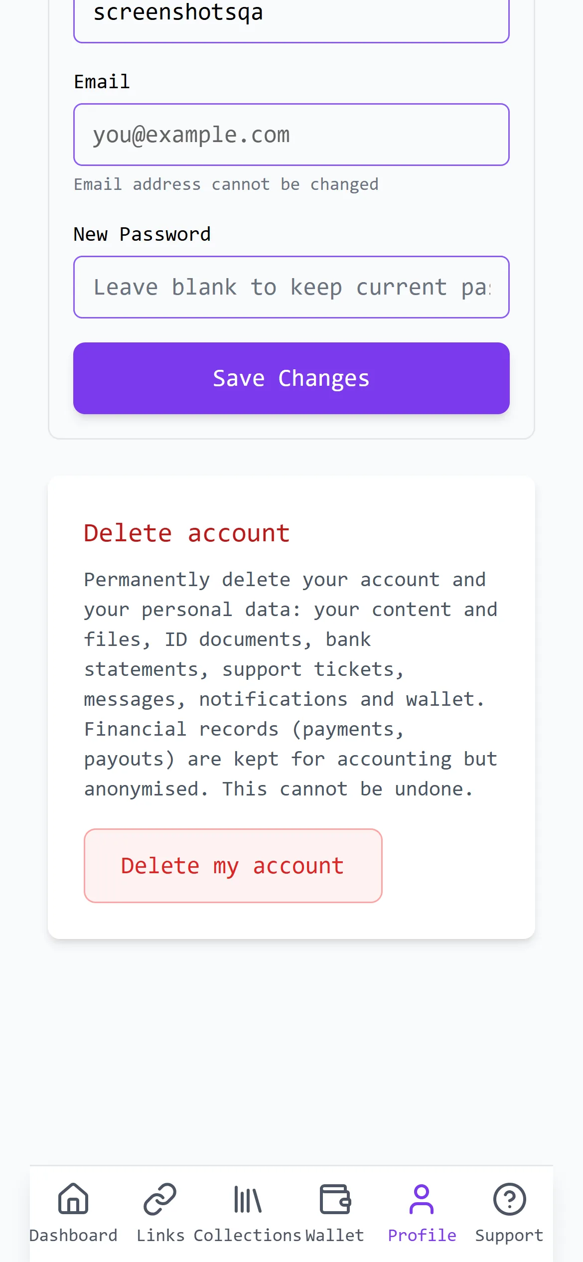 The Unlockable account settings screen, showing the Delete account panel listing the content and personal data a creator can permanently remove