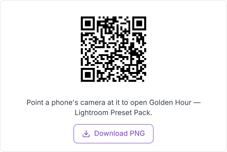 A QR code for one item, "Golden Hour — Lightroom Preset Pack", with a Download PNG button