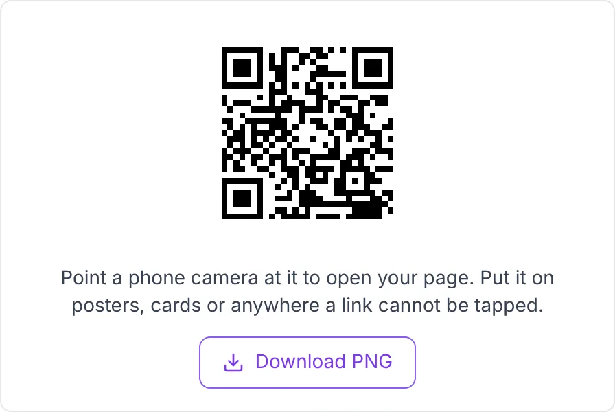 A QR code for a creator page, with a Download PNG button and a note to put it on posters or cards