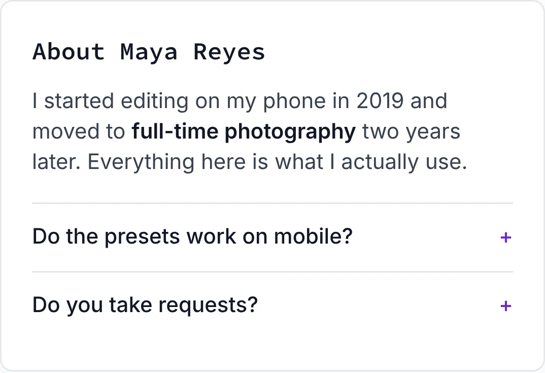 An About section on a creator page, with two lines of story and two questions