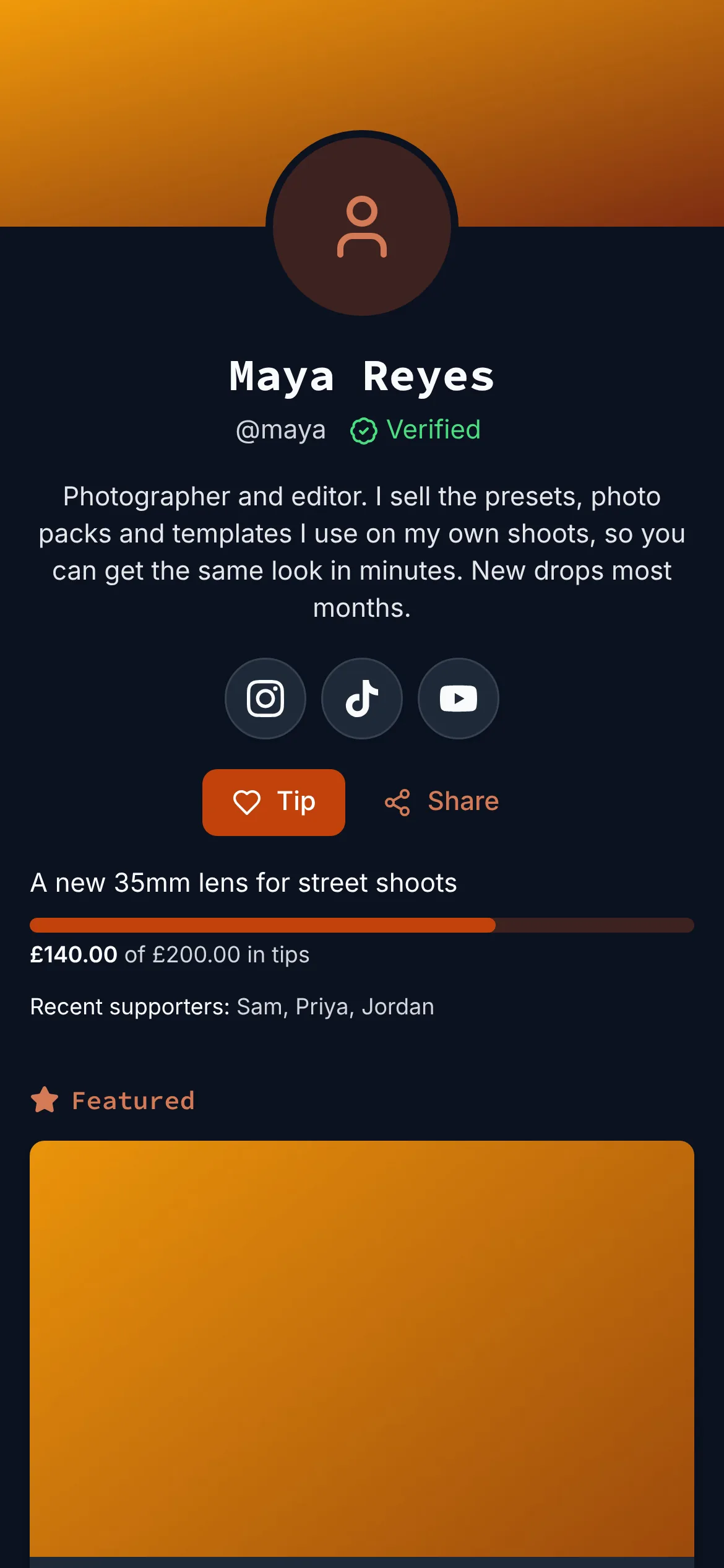 The same creator page with a dark background, an orange accent and links shown as a row of icons