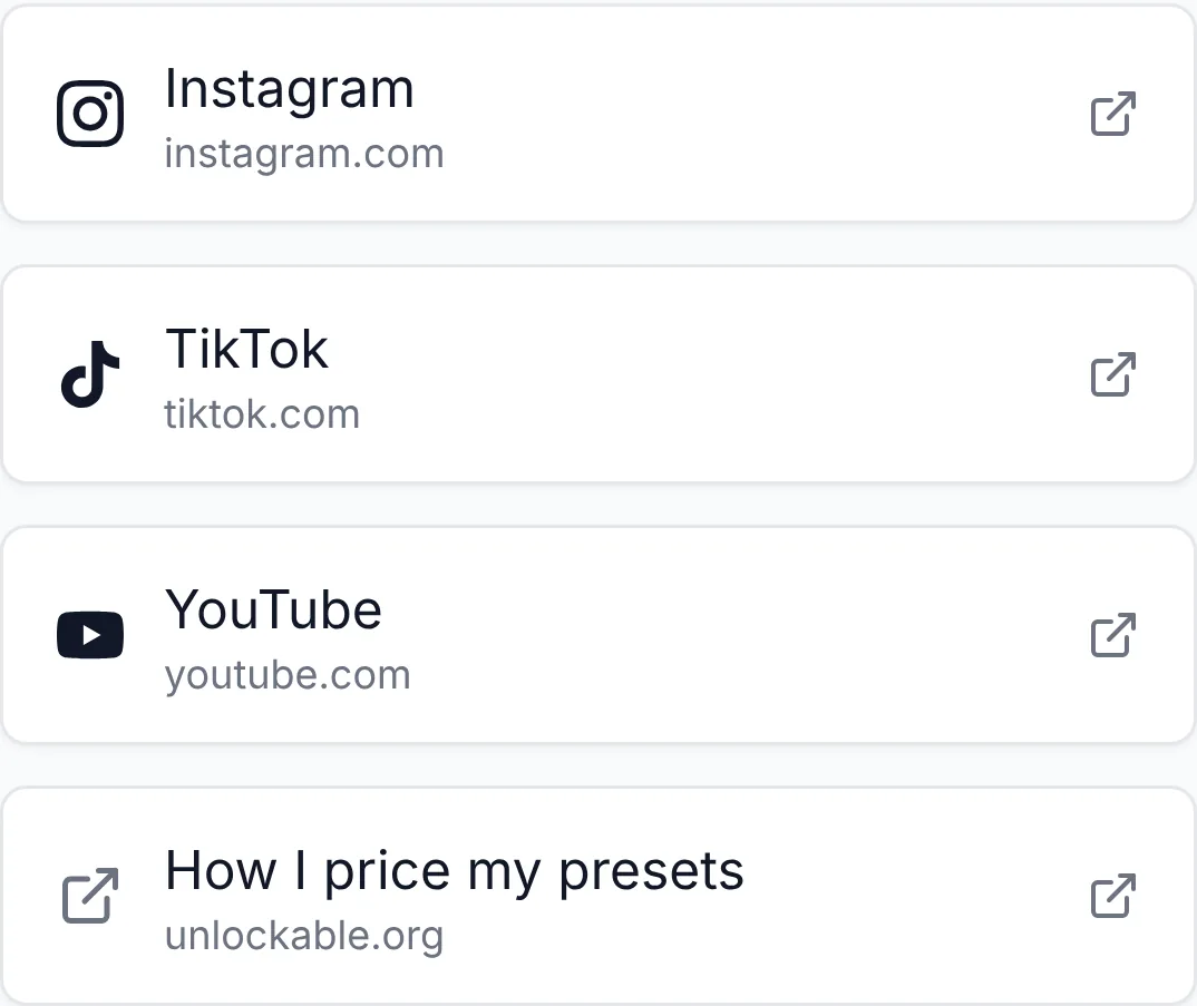 Four link buttons on a creator page: Instagram, TikTok, YouTube and a blog post, each with its site and logo