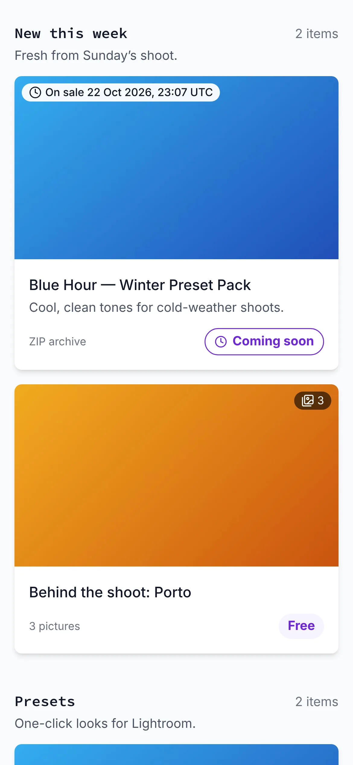 A creator page's own sections: New this week, with a coming-soon preset pack and a free three-picture gallery, then Presets