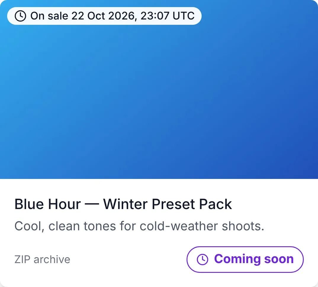 An item card marked "On sale 22 Oct" with a Coming soon button