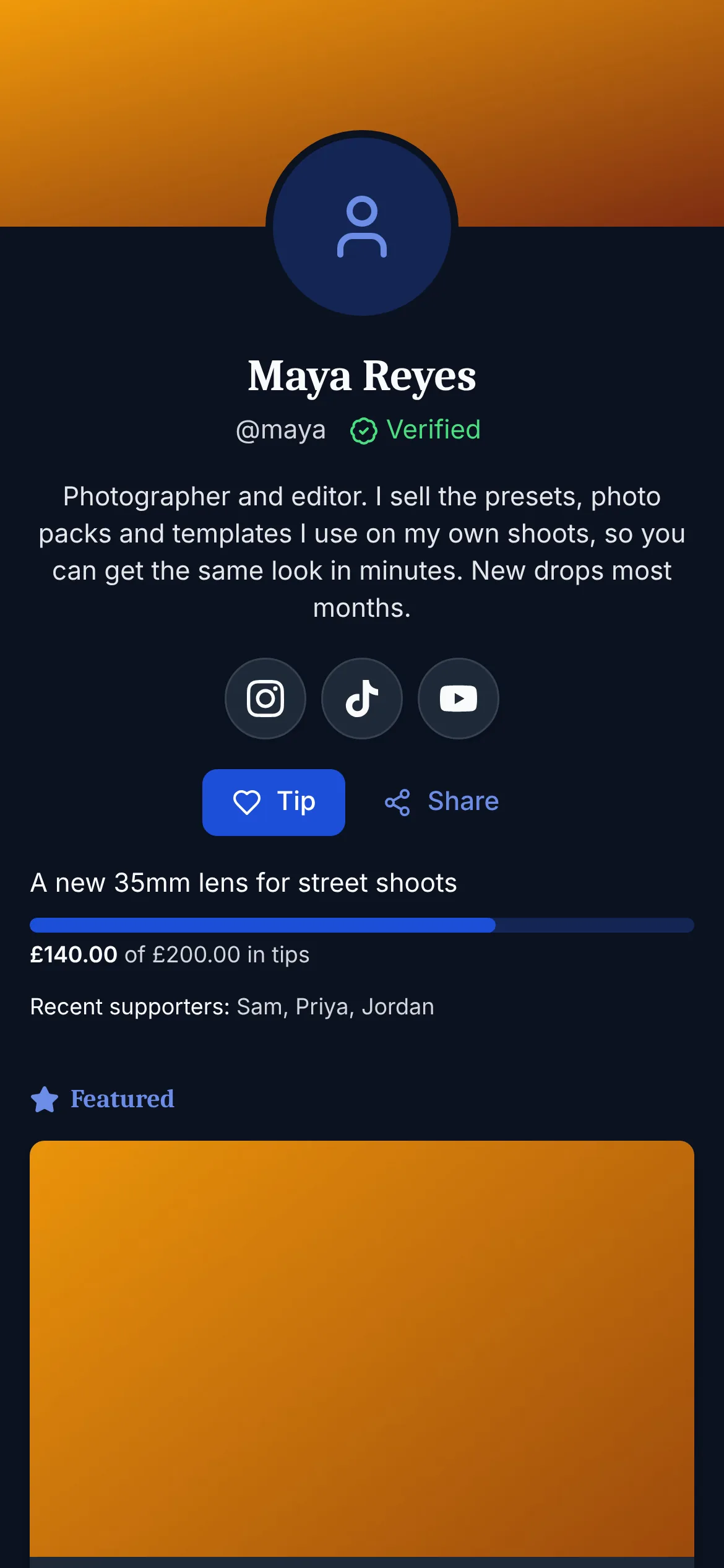 The same creator page in the Night theme